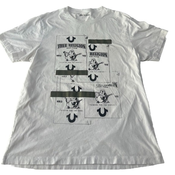 True Religion Buddha Tape‎  T-Shirt Womens XL White Tee Crew Graphic Rare Logo - Picture 1 of 8